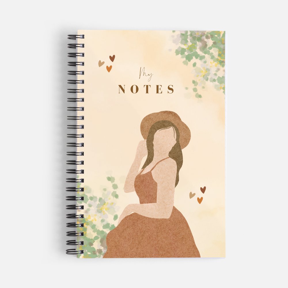 Green and Brown Watercolor Girl Spiral Daily Notebook - Ruled Line