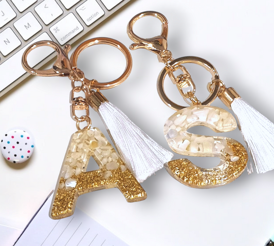 Personalised Initial Keyring with Tassel | Gold and White Resin