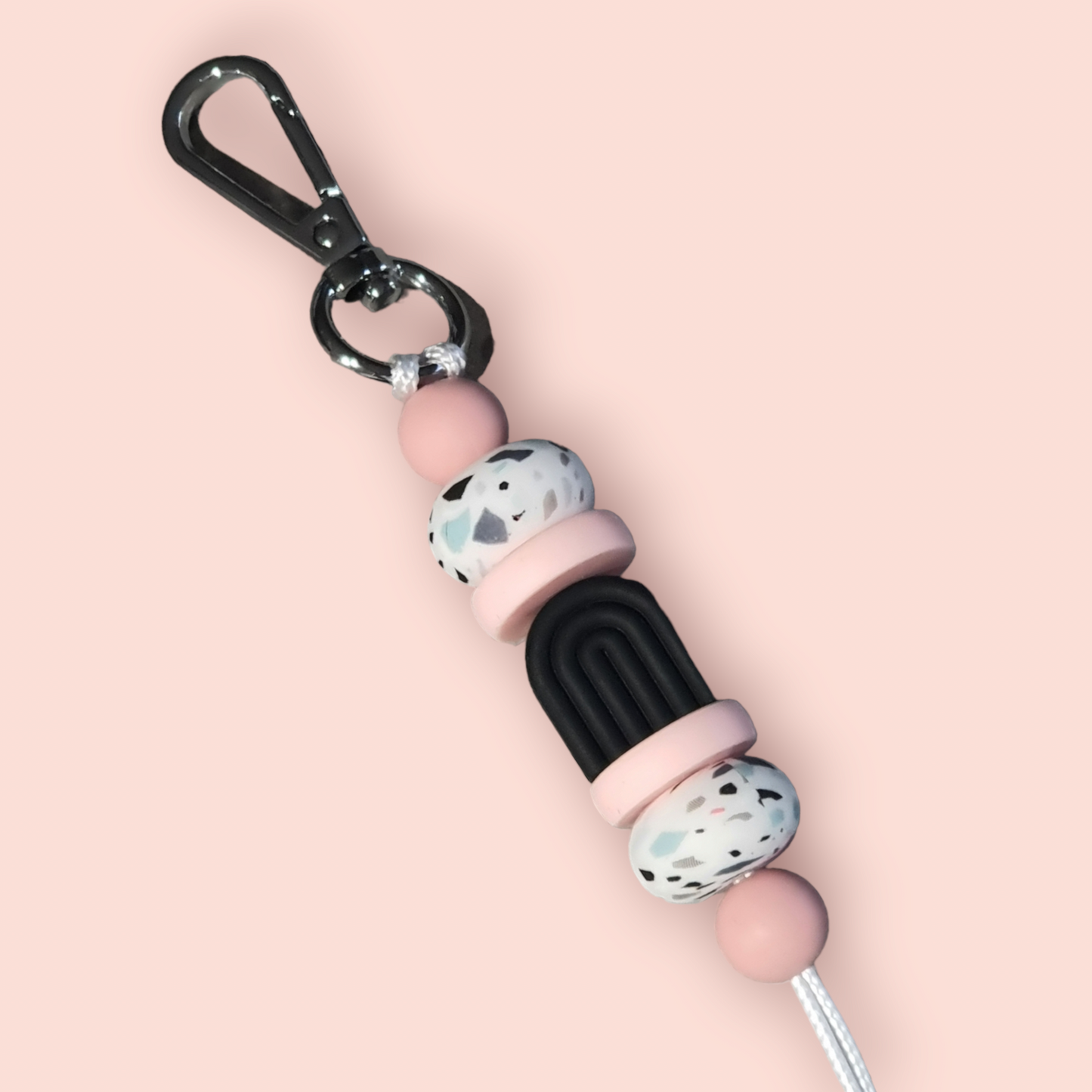 Black, Pink and white rainbow arch keyring with terrazzo coloured beads