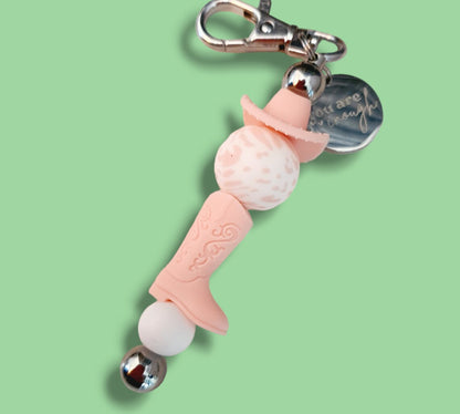Pink Cowboy Boot and Hat with Charm "You are enough" Beaded Bar Keychain