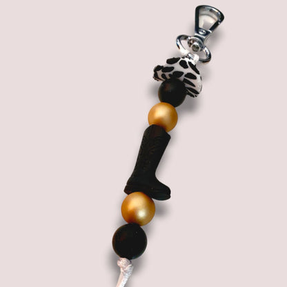 Cowboy Boot and Hat Beaded Keychain | Black Gold and White Keyring