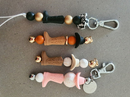 Cowboy Boot and Hat Beaded Bar Keychain | Tan and Black Keychain