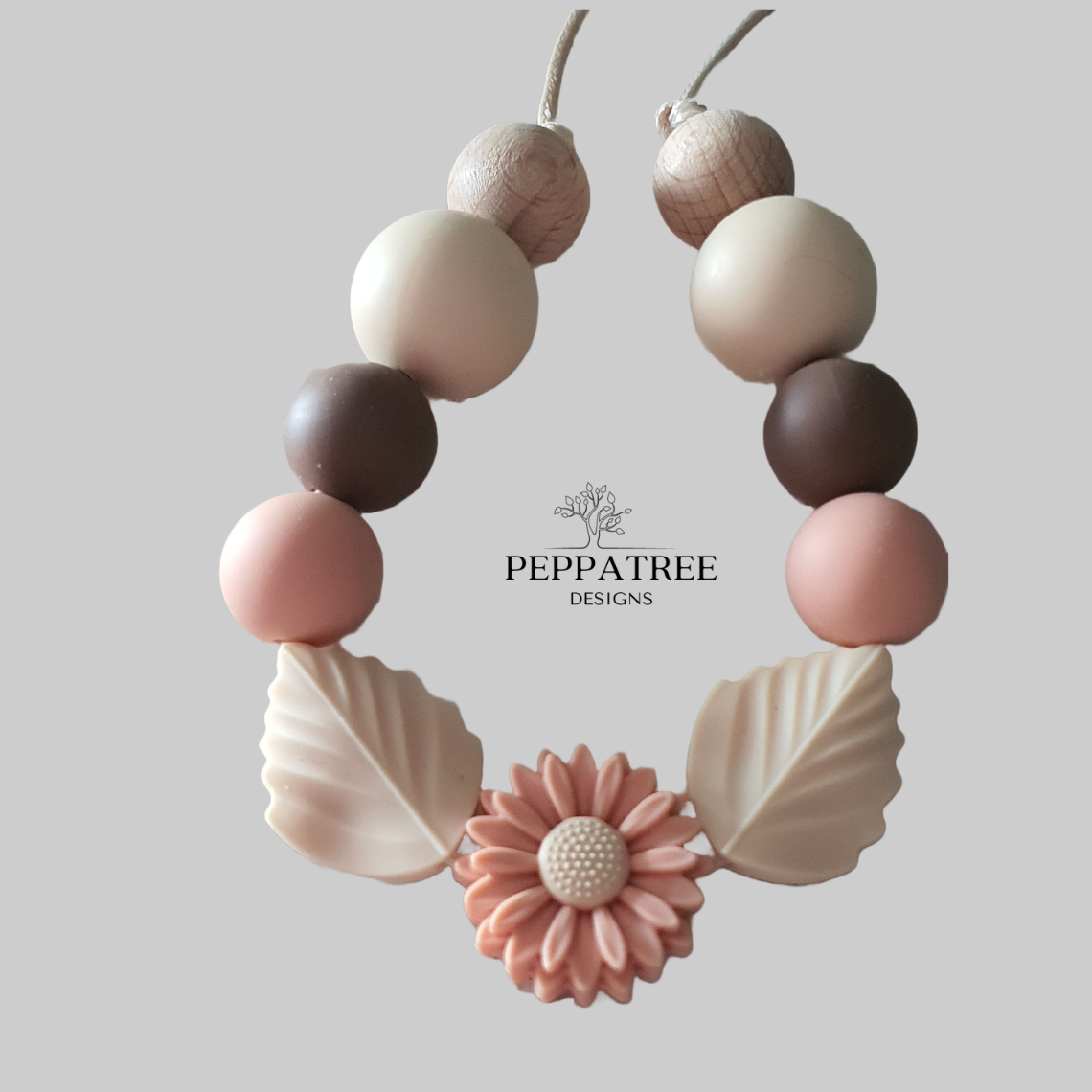Daisy and Leaf Silicone Bead Necklace in Cream, Peach and Cocoa Brown | Handmade Necklace
