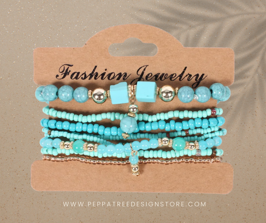 Ocean Light Blue Boho Beaded Bracelet Set | Boho Chic Stackable Bracelet Set