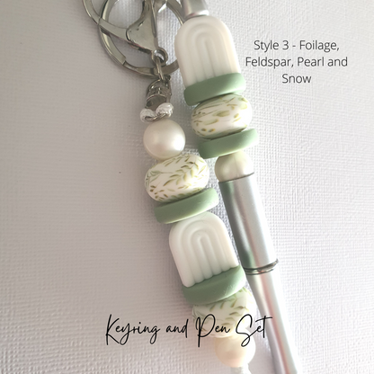 "Sage Green Garden Collection" Keyring and Beaded Pen Set