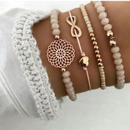 Gold Eternity Love Heart Bohemian Natural Stone Bead Bracelet Set | Chic Tropical Style Set