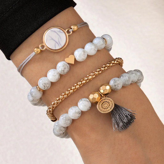Bohemian Gold and Grey Tassel and Grey Natural Stone Bead Bracelet Set | Chic Tropical Style Set