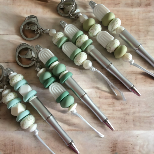 sage green leaf beaded pens with green white and sage green colours