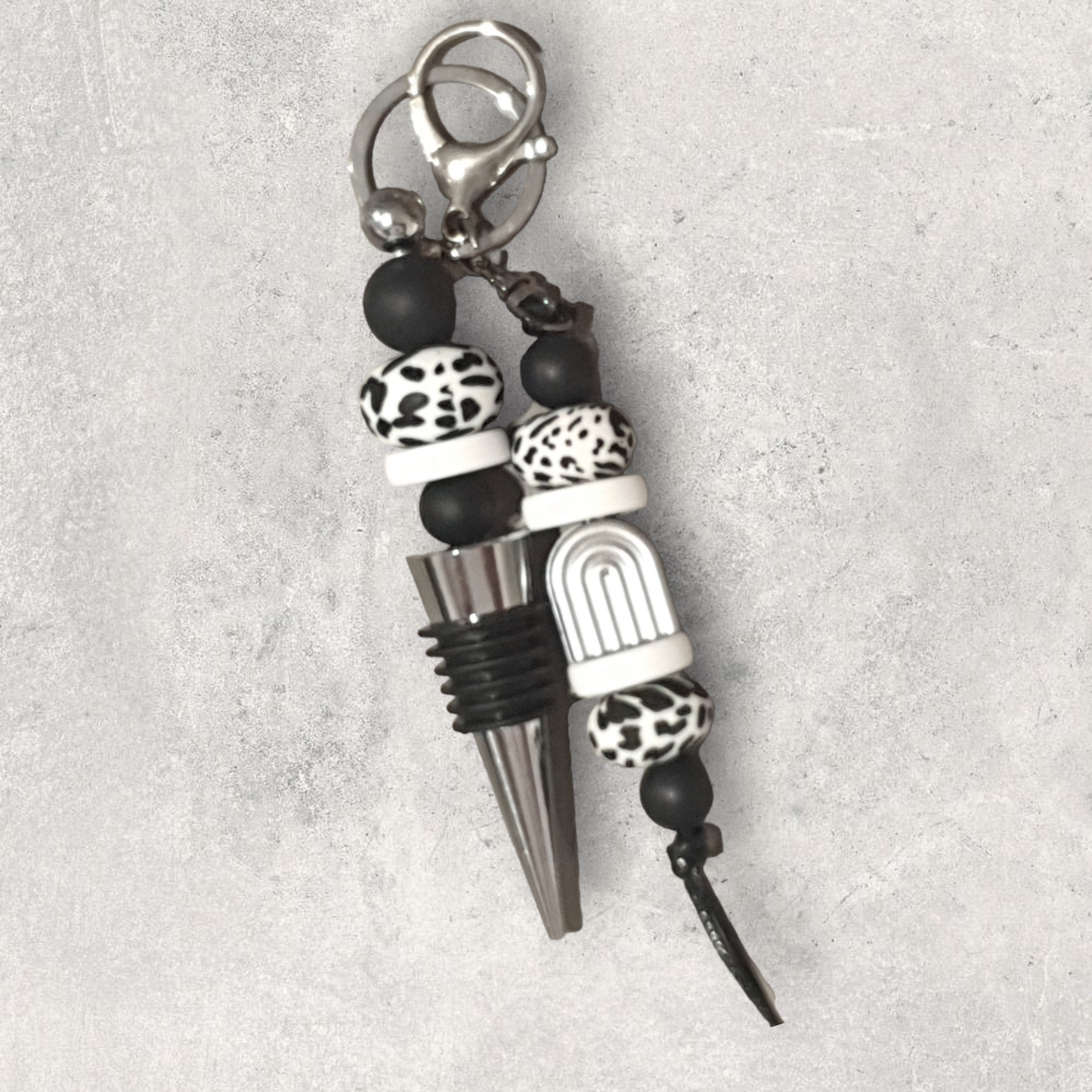 Black White and Silver Beadable Wine Stopper / Bottle Topper and Keyring Gift Set