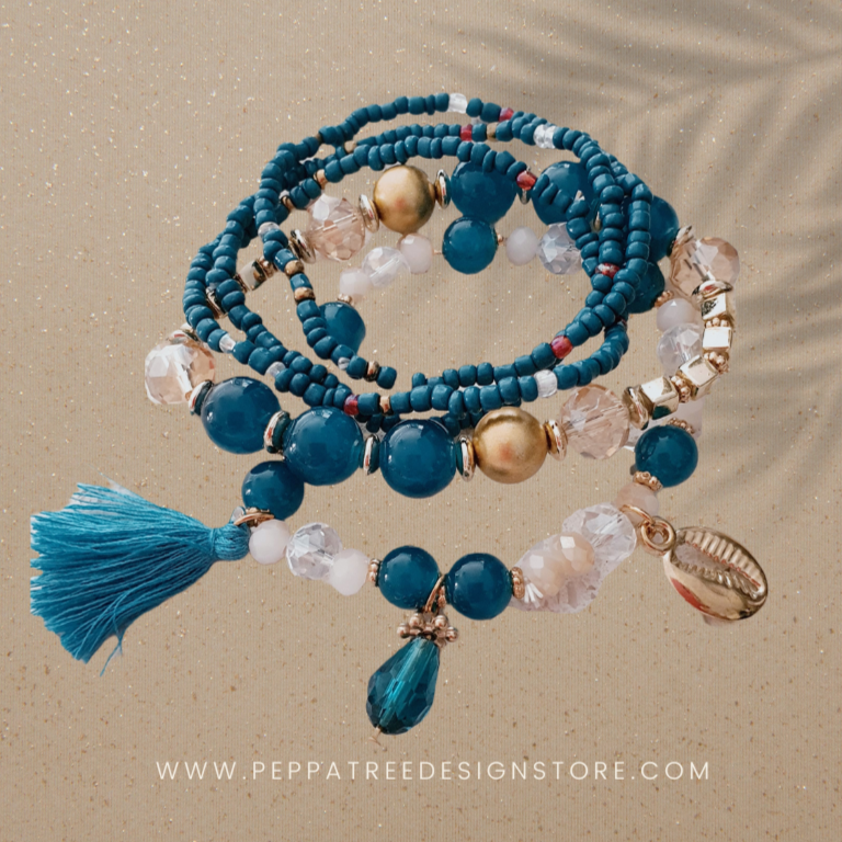Seashell & Tassel Teal White and Gold Beach Boho Beaded Bracelet | Boho Chic Beach Style Set