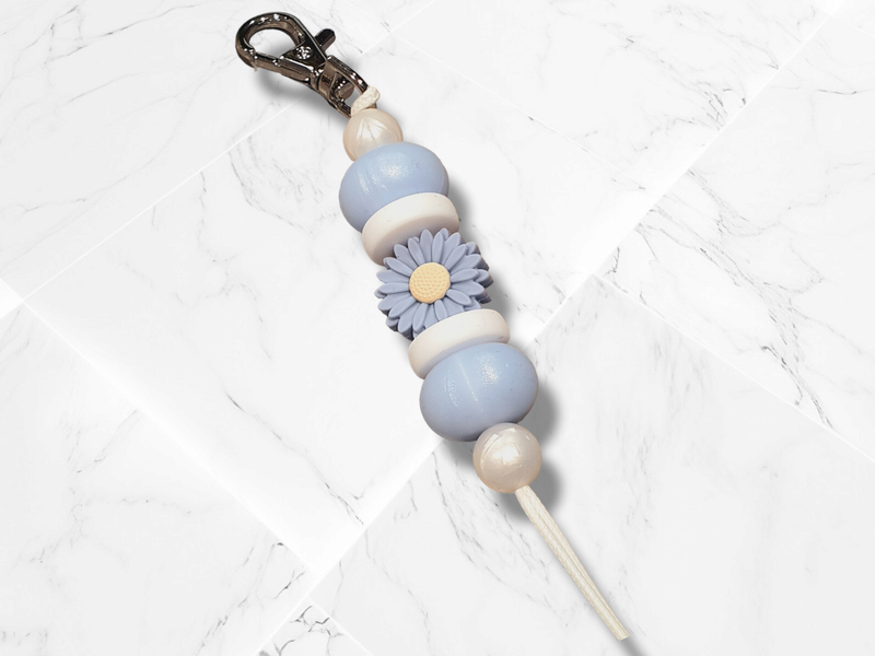 Mini Daisy Silicone Beaded Keyring | "Pearl Blue" Collection | Bag Tag Keyring Lanyard